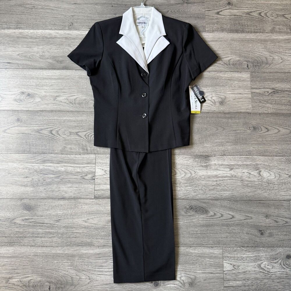 Danny & Nicole Women's 2-Piece Pant Suit Black and Ivory Collar Size - 14P